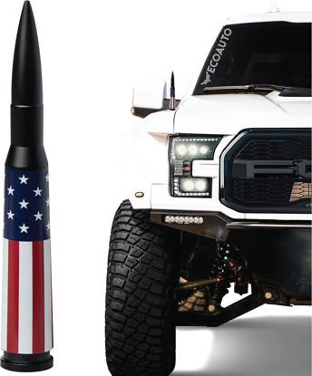 Picture of EcoAuto Bullet Antenna Replacement for Dodge Ram & Ford F150 F250 F350 Super Duty Ford Raptor Bronco Trucks - Anti-Theft Design - Radio Antenna for Truck 1990 - Current (American Flag)
