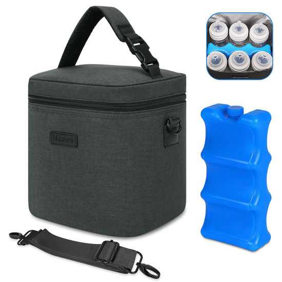 Picture of Mancro Breastmilk Cooler Bag with Ice Pack, Insulated Bottle Bag for 6 Baby Bottles (Up to 9 Ounce) with Shoulder Strap for Nursing Moms on the Go or Daycare, Dark Grey