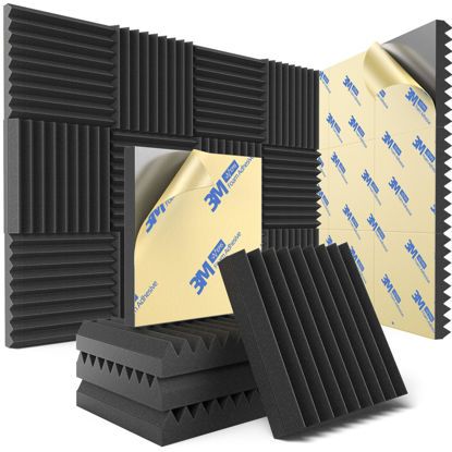 Picture of 12 Pack Sound Proof Foam Panels for Wall with Self Adhesive, 2" X 12" X 12" High Density Acoustic Panels Sound Absorbing Quick-Recovery, Wedges Soundproof Wall Panels for Gaming & Studio Decor - Black