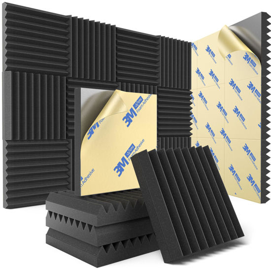 Picture of 12 Pack Sound Proof Foam Panels for Wall with Self Adhesive, 2" X 12" X 12" High Density Acoustic Panels Sound Absorbing Quick-Recovery, Wedges Soundproof Wall Panels for Gaming & Studio Decor - Black