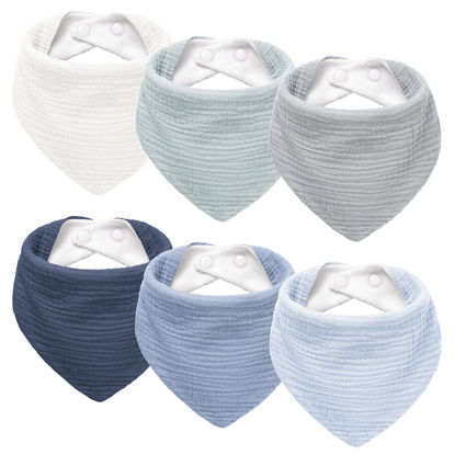 Picture of Susurration Muslin Baby Drool Bibs 6Pack Soft Triangular Adjustable Baby Bandana Bibs for Unisex Girls & Boys (Blue)