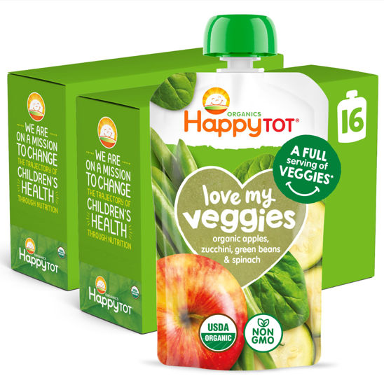 Picture of Happy Tot Organics Stage 4 Baby Food Pouches,Gluten Free, Vegan Snack, Love My Veggies, Fruit & Veggies Puree, Apples, Zucchini, Green Beans & Spinach 4.22 oz Pouch (Pack of 16)