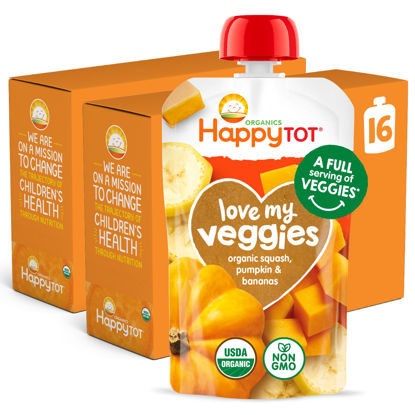 Picture of Happy Tot Organics Stage 4 Baby Food Pouches,Gluten Free, Vegan Snack, Love My Veggies, Fruit & Veggies Puree,Squash, Pumpkin & Bananas 4.22 oz Pouch (Pack of 16)