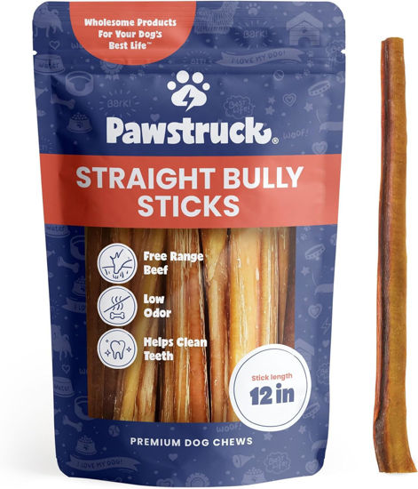 Picture of Pawstruck All-Natural 12" Bully Sticks for Dogs - Long Lasting, Rawhide-Free, Low Odor & Grain-Free Dental Chew Treat - Healthy Single Ingredient, 100% Real Beef - 1 lb Bag
