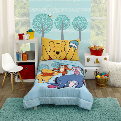 Picture of Disney Winnie The Pooh Funny Friends Aqua, Gold, Blue and Orange, Tigger, Eeyore and Piglet 4 Piece Toddler Bed Set - Comforter, Fitted Bottom Sheet, Flat Top Sheet, and Reversible Pillowcase