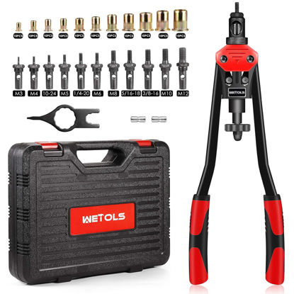 Picture of WETOLS 16" Rivet Nut Tool, Professional Rivet Nut Tool Kit with 11 Metric & Inch Mandrels M3 M4 M5 M6 M8 M10 M12, 10-24, 1/4-20, 5/16-18, 3/8-16, 110pcs Rivnuts and Blow Carry Case - WE-889