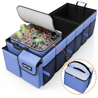 Picture of HOTOR Trunk Organizer for Car & SUV, Sturdy Car Organizer with Removable Car Cooler, Large Foldable Trunk Organizer with Cooler for Car, 3 Compartments, Adjustable Straps,Blue，30.90”×12.60“×10.63”