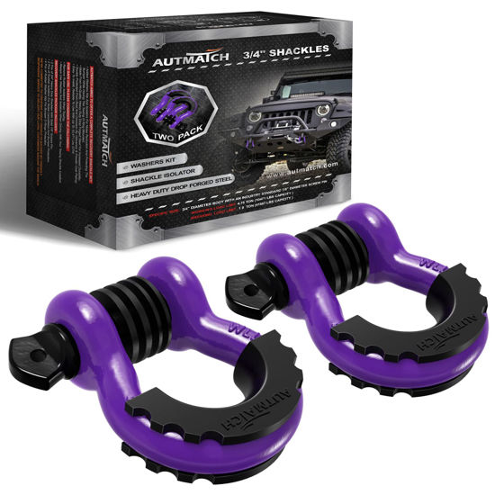 Picture of AUTMATCH D Ring Shackle 3/4" Shackles (2 Pack) 41,887Ibs Break Strength with 7/8" Screw Pin and Shackle Isolator Washers Kit for Tow Strap Winch Off Road Vehicle Recovery Purple & Black