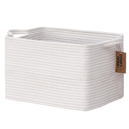 Picture of COMFY-HOMI Cotton Rope Woven Basket with Handles for Shelves,Toys,Book, Cloth Storage Baskets Bin for Organizing-13.5"x11"x9.5" Toy Decorative Organizer for Living Room, Bathroom-All White