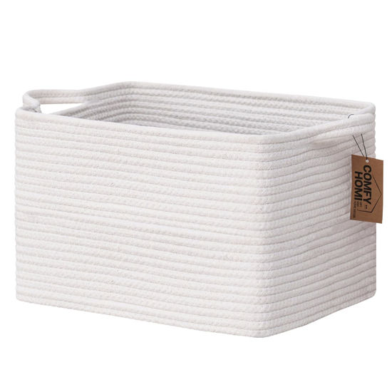 Picture of COMFY-HOMI Cotton Rope Woven Basket with Handles for Shelves,Toys,Book, Cloth Storage Baskets Bin for Organizing-13.5"x11"x9.5" Toy Decorative Organizer for Living Room, Bathroom-All White
