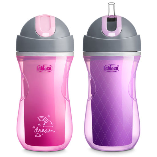 Picture of Chicco 9oz. Double-Wall Insulated Flip-Top Sippy Cup with Silicone Straw and Spill-Free Lid | Top-Rack Dishwasher Safe Easy to Hold Ergonomic Indents Dream Pink/Purple, 2pk 12+ months