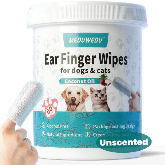 Picture of MEDUWEDU Ear Cleaner Finger Wipes 60 Counts, Dog Ear Cleaner, Grooming Kit Care for Dogs and Cats, Soft & Easy Otic Cleaning Pads, Remove Wax, Dirt & Stop Smelly, Itchy, Non-Irritating, Unscented