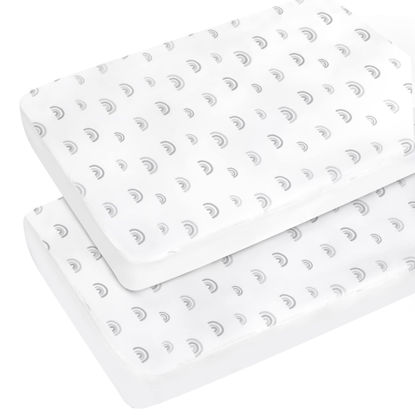 Picture of Pack and Play Sheets Fitted 2 Pack Mini Crib Sheets for Baby Boys Girls, Portable Playard Sheet, Ultra Soft Microfiber Playpen Sheets Compatible with Graco Pack N Play, Boho Rainbow Print