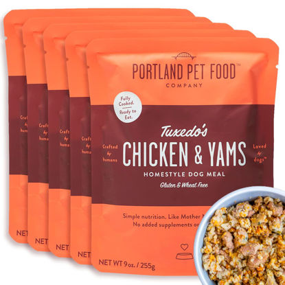 Picture of Portland Pet Food Company Tuxedo’s Chicken & Yams Wet Dog Food Pouches - Human-Grade, Gluten-Free Dog Food Toppers and Meals for Small, Medium and Large Breeds - Fresh Dog Food Made in the USA - 5-Pk