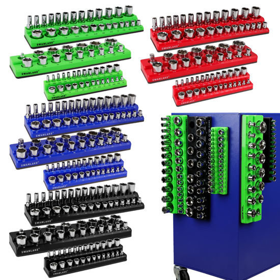 Picture of SWANLAKE Magnetic Socket Organizer Set, 1/4", 3/8", 1/2" Socket Holds 286 Pieces Magnetic Socket Trays.(Blue&red&black&green, 12 Pcs)