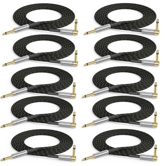 Picture of FEMORO Guitar Cable 10 ft 10-Pack, Instrument Cables Electric Guitar Amp Cord TS 1/4 Inch Audio 22AWG Chord 6.35MM Right Angle Support AV Receiver Bass Amplifier AMP Piano Keyboard Mixer