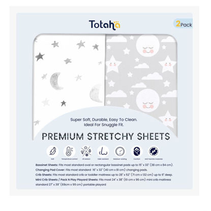 Picture of TotAha Premium Stretchy Crib Sheets (2-Pack)-Hypoallergenic, Silky Comfort, Buttery Soft, Calming Effect, All-Season Jersey-Knit Sheets, 9'' Extra Deep Pocket, Moon & Grey Sky