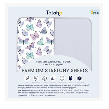 Picture of TotAha Premium Soft Pack n Play Sheets, Super Stretchy Jersey Knit Mini Crib Sheets Fitted, Silky Comfort Graco Pack and Play Mattress Sheets 2-Pack, Purple Butterfly