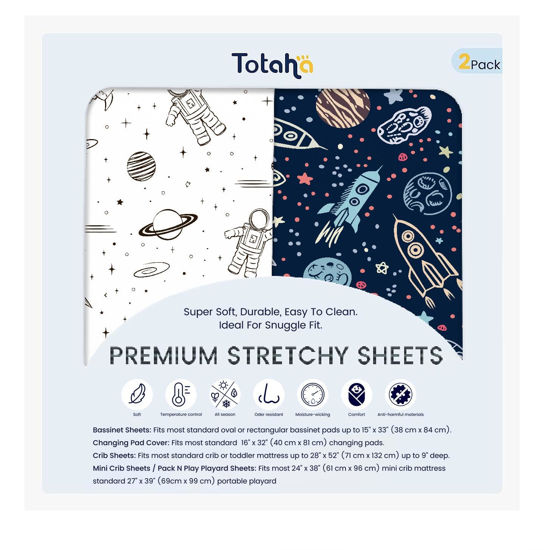 Picture of TotAha Premium Stretchy Space Crib Sheets (2-Pack)-Hypoallergenic, Silky Comfort, Buttery Soft, Calming Effect, All-Season Jersey-Knit Sheets, 9'' Extra Deep Pocket