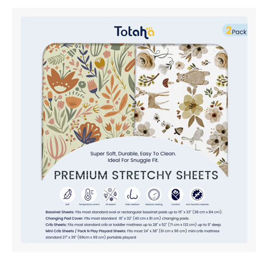 Picture of TotAha Crib Sheets for Boys Girls, Buttery Soft Crib Mattress Fitted Sheet, Super Stretchy Jesery Knit Baby Sheet, Silky Comfort Baby Bed Sheets 28x52x9 Extra Deep Pocket(Botanical Garden & Cute Bear)