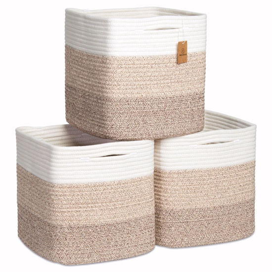 Picture of NaturalCozy Storage Cubes 11 Inch Cotton Rope Woven Baskets for Organizing, 3-Pack | Cube Storage Bin | Square Storage Baskets for Shelves Organizer, Classroom, Kids Toy Bins, Closet, Baby Nursery