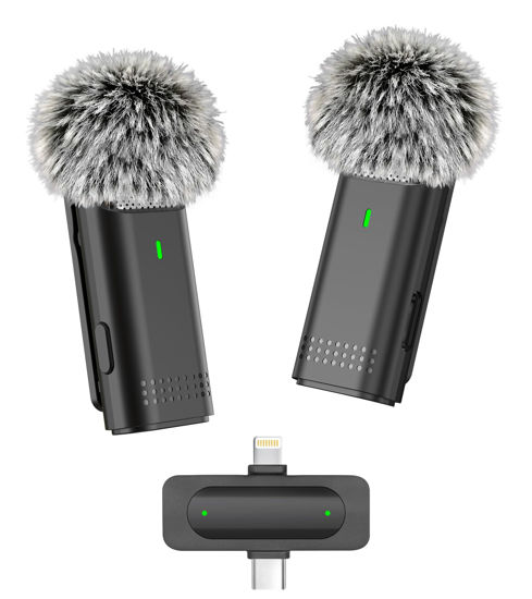 Picture of EZColoris 2 Pack Wireless Microphone for iPhone Android USB C Lav Mic for iPhone 15 Phone Microphone Video Recording Noise Cancelling Lapel Lavalier Microphones for YouTube Live Stream Podcast