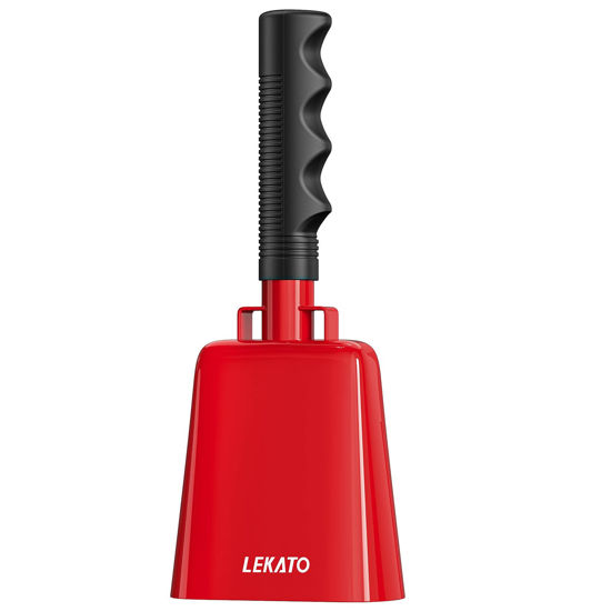 Picture of 8’’ Steel Cow Bell, LEKATO Noise Makers Cowbell with Handle, for Sport Events Cheering Hand Bell for Football Games,Party, Concert, Graduations, School, Farm Ranch(Red)