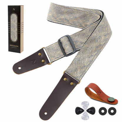 Picture of Nefelibata Guitar Strap, Vintage Cotton Guitar Straps with Genuine Leather Ends for Bass, Electric & Acoustic Guitars, Free Strap Button, 1 Pair Strap Locks and 4 Guitar Picks