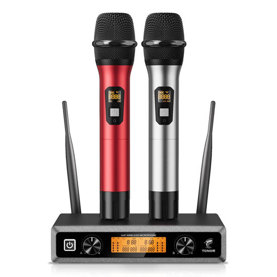 Picture of TONOR Wireless Microphone System, Professional Metal Cordless Karaoke Microphones, Handheld Dynamic Mic Set with Receiver for Home Party, Meeting, KTV, Church, DJ, Wedding, Singing, 200ft, TW820 Red