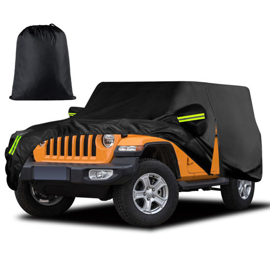Picture of Waterproof Car Cover for Jeep Wrangler 2 Door 1987-2023 JK JL CJ YJ TJ Outdoor Sun Rain Snow Hail Protection with Driver Door Zipper