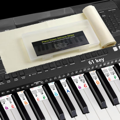 Picture of 61 Key Piano Keyboard Stickers, Piano Notes Guide, Electric Digital Piano Keyboard Labels for Beginner, Key Stickers Made of Reusable Silicone with Dust Cover Cloth and Box (Multicolor)