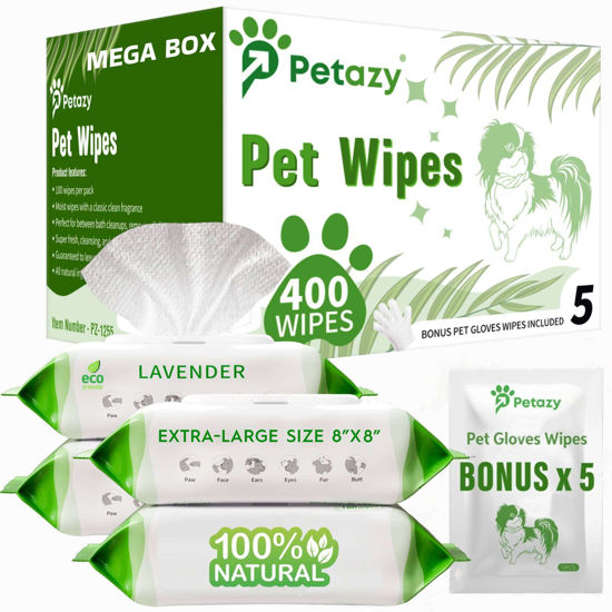 Picture of Petazy 400 Dog Wipes for Paws and Butt Ears Eyes | Organic Pet Wipes for Dogs | Lavender Scented Dog Wipes Cleaning Deodorizing | Extra Thick Paw Wipes for Dogs Cats Pets | Bonus Glove Wipes Included