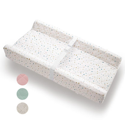 Picture of Organic Cotton Contoured Baby Changing Pad w/Waterproof Foam Mattress, Includes Soft, Removable & Washable Cover, Safety Strap, Non-Slip Bottom, Topper for Standard Size Infant Diaper Table & Dresser