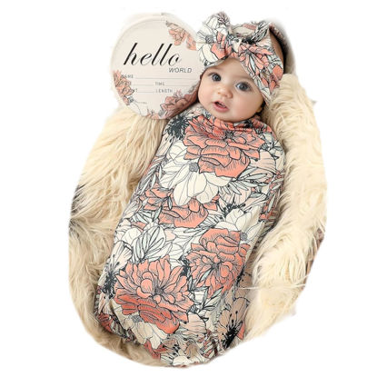 Picture of Galabloomer Newborn Receiving Blanket Headband Set Baby Flower Swaddle (cocal almond)