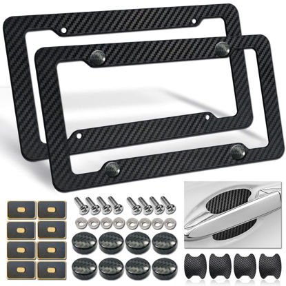 Picture of FBJTDQ Carbon Fiber License Plate Frames- Black Carbon Pattern Plastic Front & Rear Car Tag Holder Cover 2 Pack, for Men/Women, with Mount Hardware, Screws, Caps, Rattle Proof Pads, Handlebar Stickers