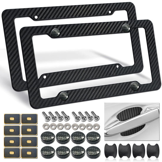 Picture of FBJTDQ Carbon Fiber License Plate Frames- Black Carbon Pattern Plastic Front & Rear Car Tag Holder Cover 2 Pack, for Men/Women, with Mount Hardware, Screws, Caps, Rattle Proof Pads, Handlebar Stickers