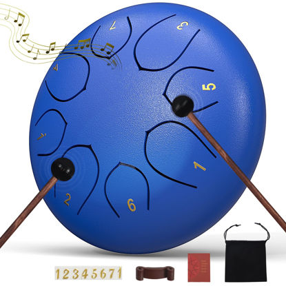 Picture of Rain Drum for Outside Garden, 6 Inches 8 Notes Steel Tongue Chakra Drum, Waterproof Echo Rain Chime Meditation Drum, Musical Instruments for Adult Gift with Drum Bag, Music Book (Dark Blue)