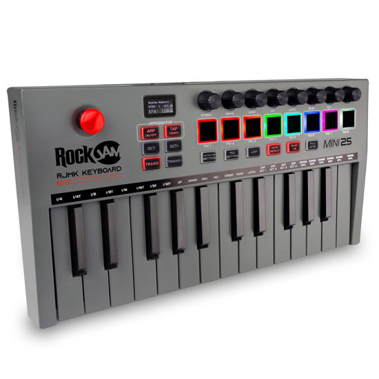 Picture of RockJam, Go 25 Key USB and Bluetooth MIDI Keyboard Controller with 8 Backlit Drum Pads, 8 Knobs, One-Size (RJMK25)