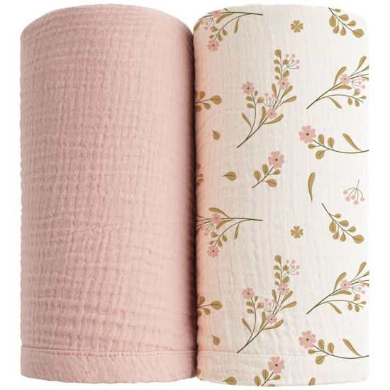 Picture of Konssy Muslin Swaddle Blankets for Boys Girls, 2 Pack Receiving Baby Blanket Large 47 x 47 inches, Soft Breathable Swaddling Wrap for Unisex Newborn (Pink, Floral)