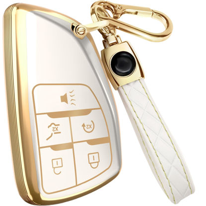 Picture of for GMC Sierra 1500 Key Fob Cover and Leather Keychain - Full Cover Key Case for Chevy Silverado, Tahoe for Buick Avenir, Envision - 2021-2024 YG0G21TB2 TPU Keyfob Cover - White and Gold