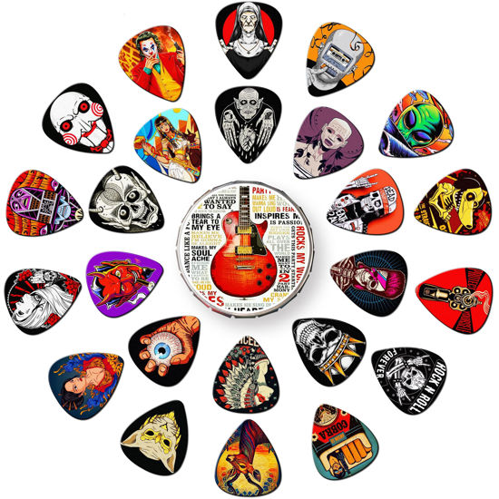 Picture of Guitar Picks 24 Pack Thin, Medium, Heavy Picks with Tin Box,Bass Guitar Pick Variety Pack,Guitar Pick for Acoustic Electric Guitar Bass Ukulele 0.46 0.71 0.96 1.20 mm(Set -4)