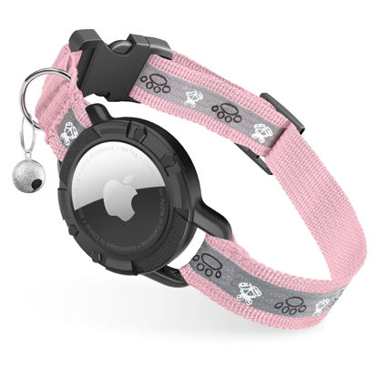Picture of Odokele Reflective AirTag Cat Collar, Integrated Cat Tracker Collar with Air Tag Holder and Bell, Safety Elastic Band Cat GPS Collars for Girl Boy Cats, Kittens and Puppies (Pink, S)