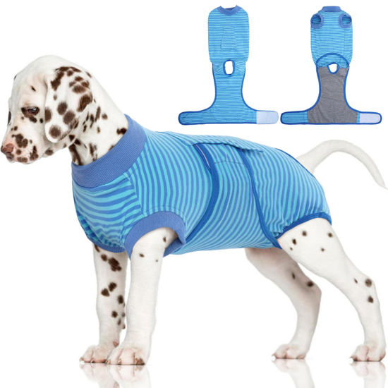 Picture of FUAMEY Recovery Suit for Dogs After Surgery,Soft Breathable Dog Bodysuit E-Collar & Cone Alternative Surgical Suit,Male Female Dog Neuter Spay Suits Anti Licking Wounds Onesie Navy Blue Strips XS