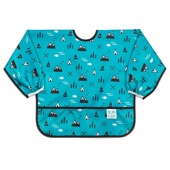 Picture of Bumkins Sleeved Bib for Girl or Boy, Baby and Toddler for 6-24 Mos, Essential Must Have for Eating, Feeding, Baby Led Weaning Supplies, Long Sleeve Mess Saving Food Catcher, Fabric, Outdoors Blue