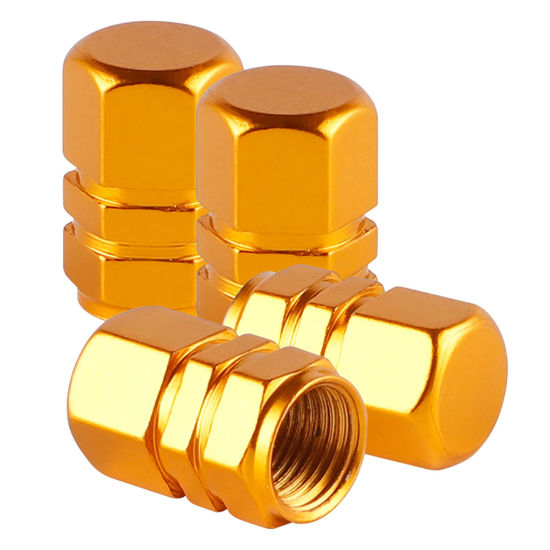 Picture of Alpmosn Aluminum Tire Stem Valve Caps Wheel Valve Covers Car Dustproof Tire Cap Cover Accessories, Universal for SUV, Car, Bike and Motorcycle, Hexagon Shape (4PCS Gold)