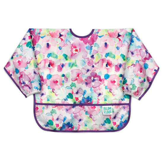 Picture of Bumkins Sleeved Bib for Girl or Boy, Baby and Toddler for 6-24 Mos, Essential Must Have for Eating, Feeding, Baby Led Weaning, Long Sleeve Mess Saving Food Catcher, Soft Fabric, Watercolors Floral