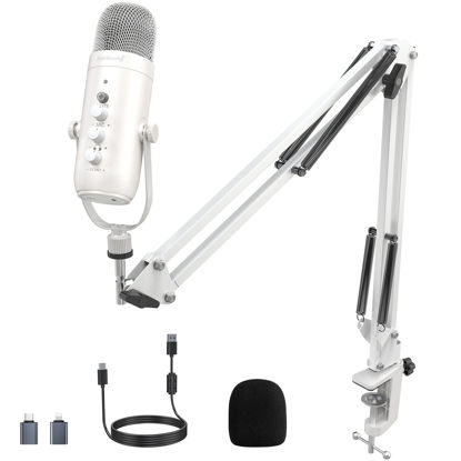 Picture of ZealSound Gaming Microphone Kit,Podcast Condenser USB Mic with Boom Arm,Supercardioid Microphone with Mute Button,Echo Volume Gain Knob,Adjust Monitor for Phone PC Computer (White)