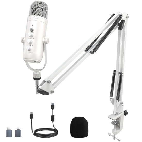 Picture of ZealSound Gaming Microphone Kit,Podcast Condenser USB Mic with Boom Arm,Supercardioid Microphone with Mute Button,Echo Volume Gain Knob,Adjust Monitor for Phone PC Computer (White)