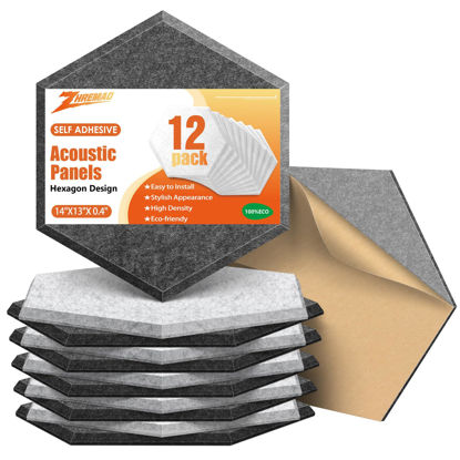 Picture of 12 Pack Acoustic Panels with Self-adhesive, 14 X 13 X 0.4 Inches Sound Absorbing Panels, High Density Sound Proof Panels for Walls, Hexagon Sound Proof Wall Panels for Studio, Home (Grey Sesame)