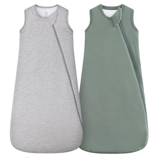 Picture of HAPIU Unisex Rayon Made from Bamboo Baby Sleep Sack TOG 1.0, 2-Way Zipper YKK, Wearable Blanket Baby, 0-6 Months,Light Heather Grey&Dark Forest Green